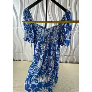 Roxy Blue White Floral Smocked Off Shoulder Dress Size M NEW WITH TAGS!!!!!!!!!